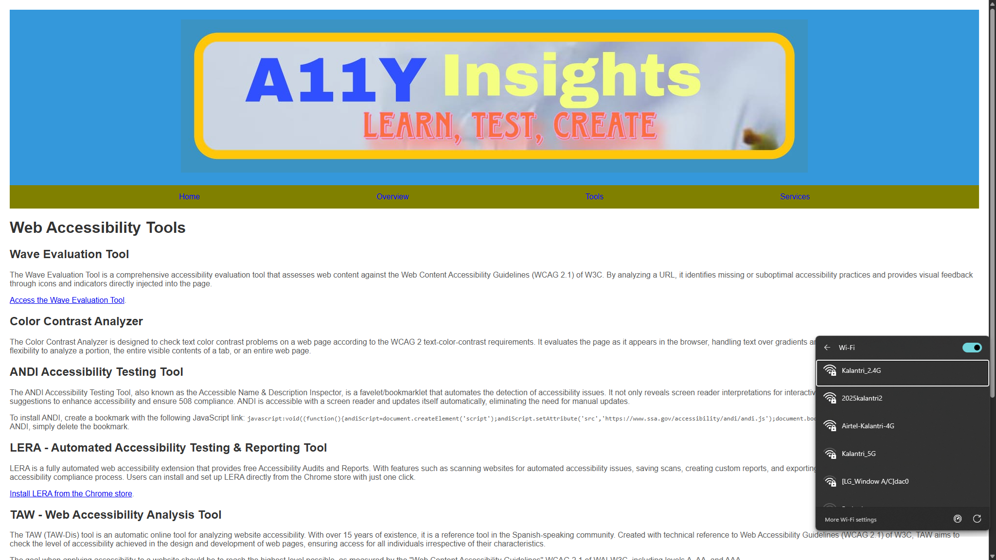 A11Y Insights accessibility tools page showing WCAG testing tools and evaluation resources.