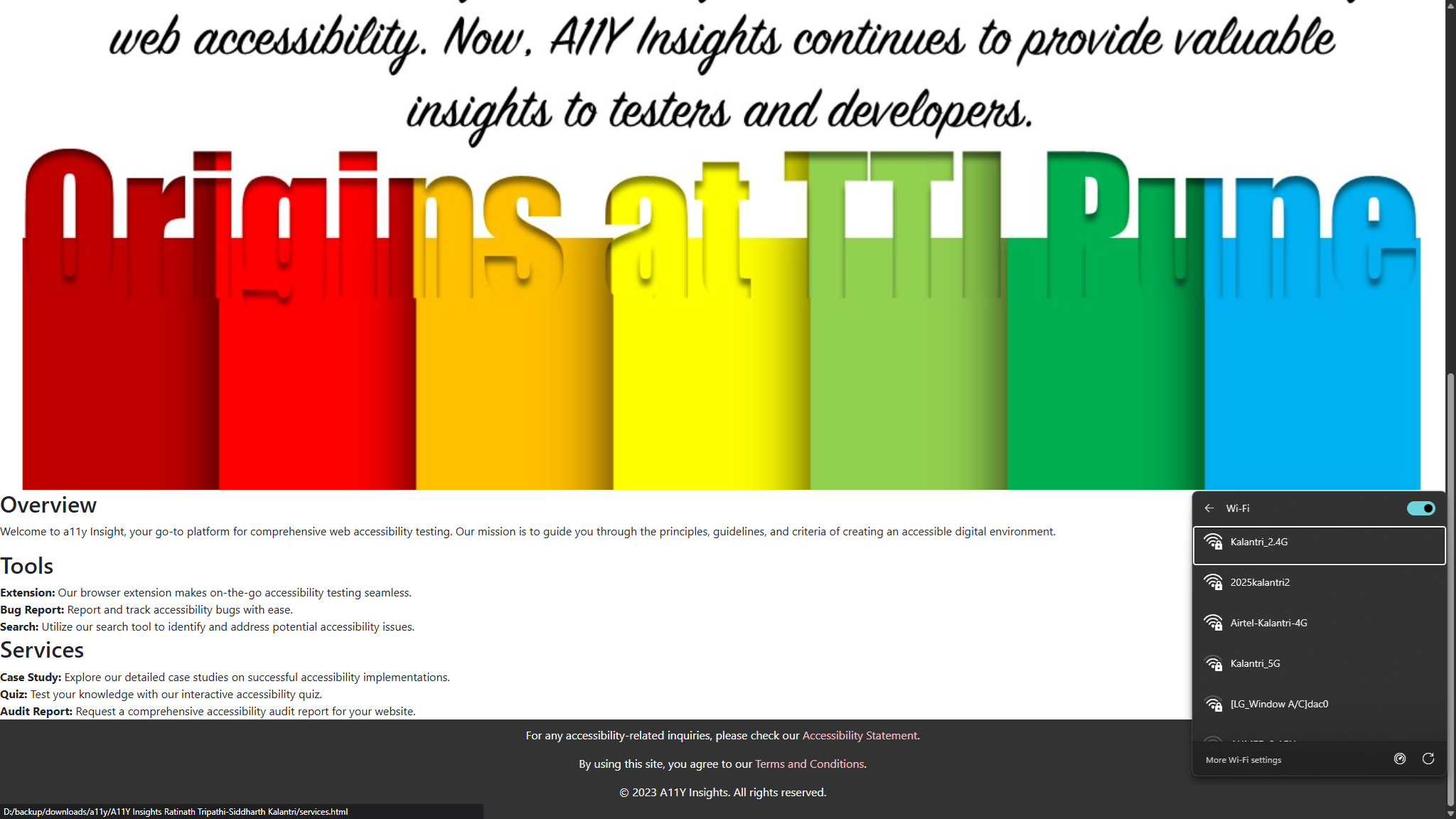 Homepage of the A11Y Insights website showing the main navigation and accessibility learning platform.
