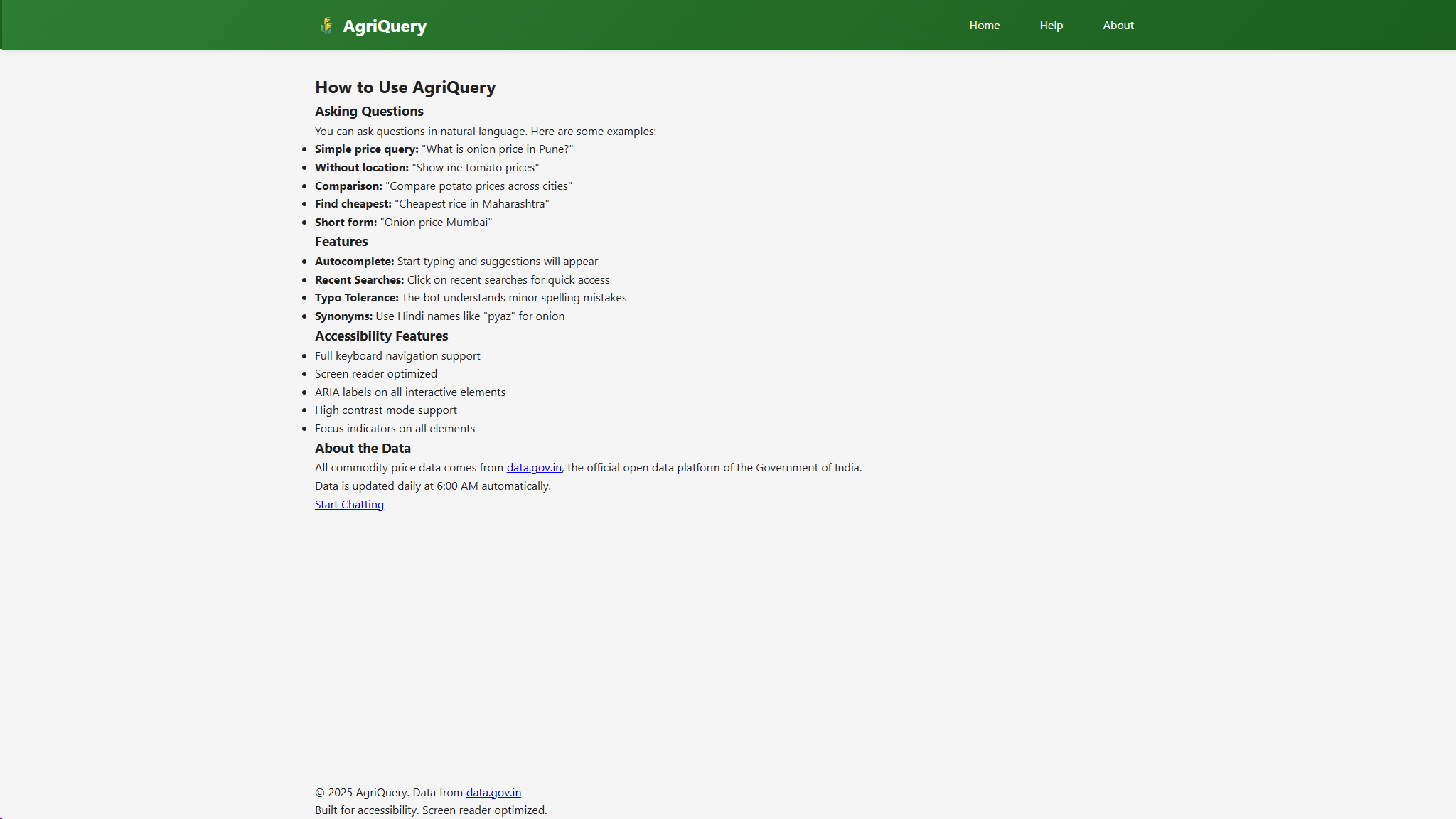 AgriQuery help page explaining how users can ask natural language questions about commodity prices.