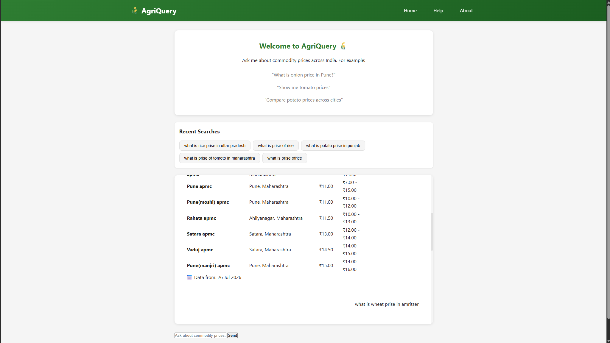 AgriQuery homepage showing an accessibility-first chatbot for agricultural commodity prices.