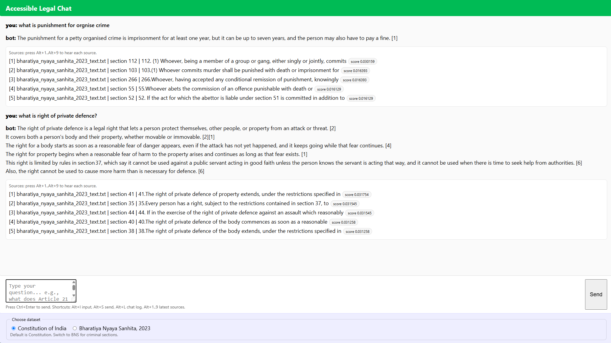 LawGPT chat interface showing a Bharatiya Nyaya Sanhita query with cited legal source references.
