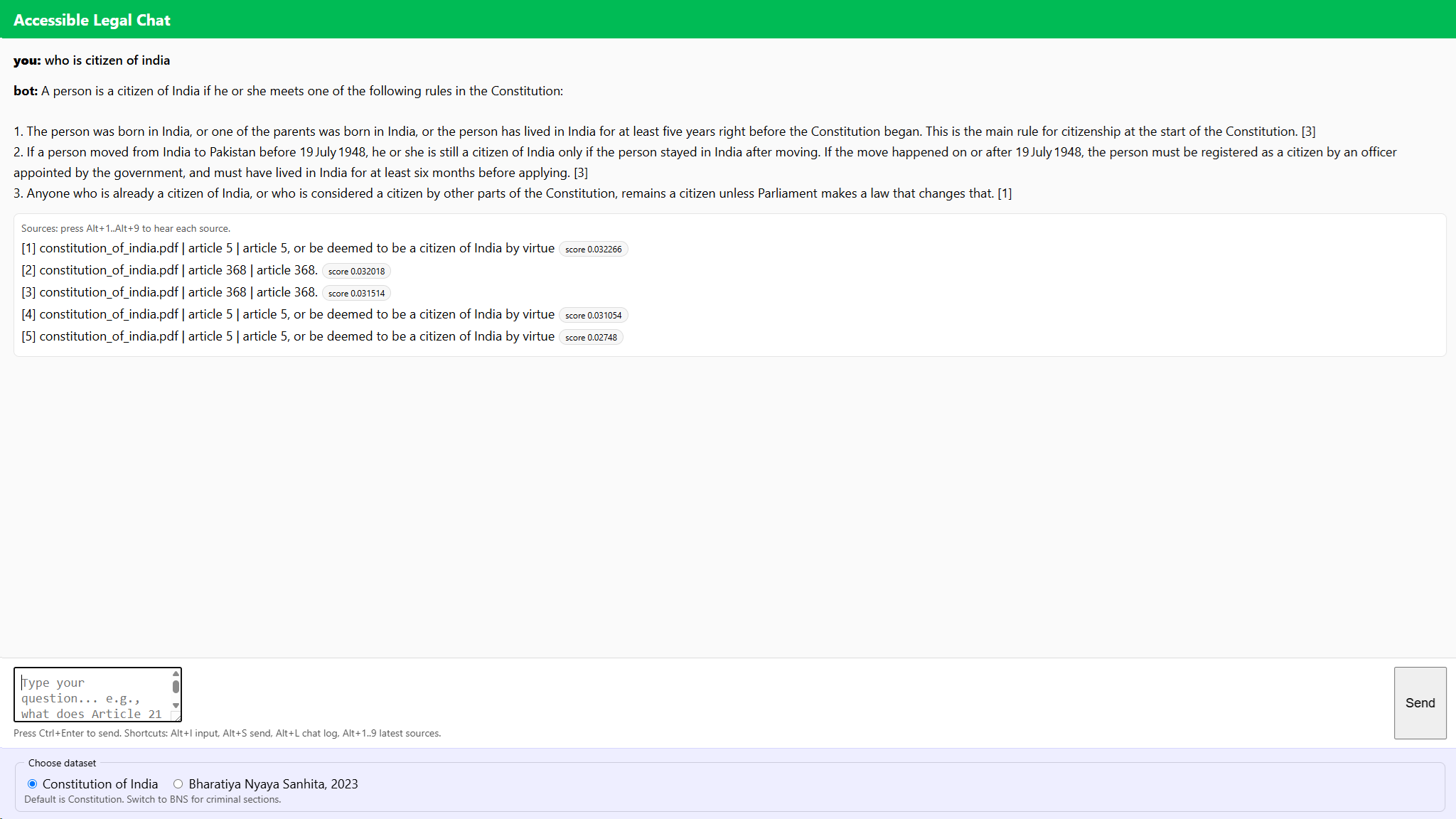LawGPT interface showing a Constitution query with simple English output, inline citations, and source references.