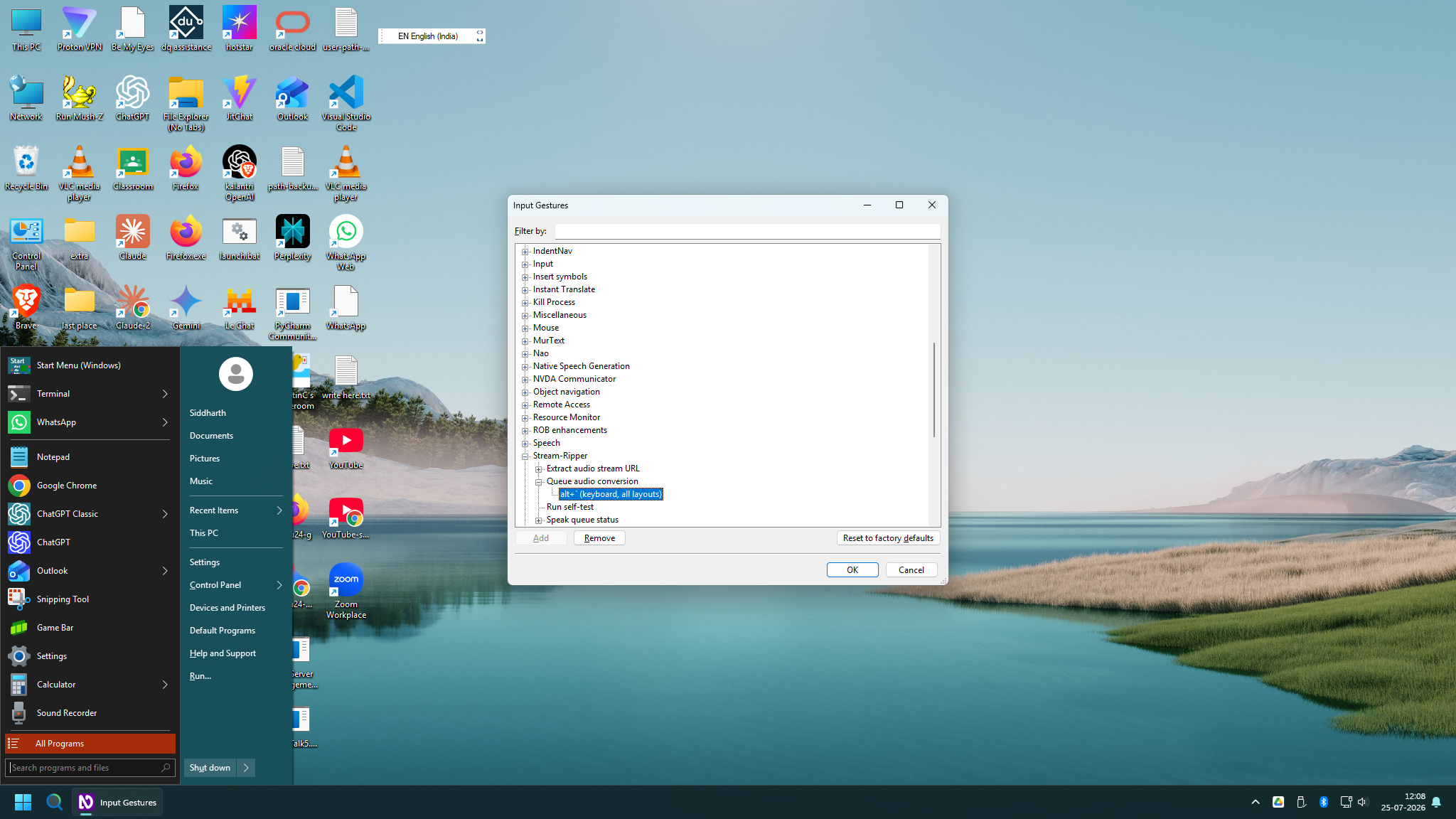 NVDA Input Gestures dialog showing keyboard shortcuts available for the Stream-Ripper add-on.